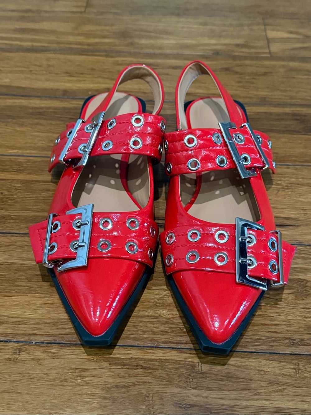 Red Pointed Slingback Flats with Buckle Straps 7.5 US